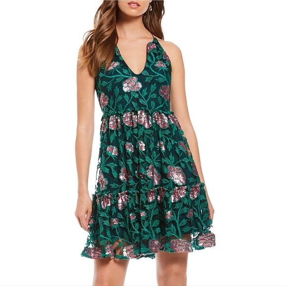 Badgley Mischka Belle Denya Emerald Rose Sequin Floral Ruffled Dress - Picture 1 of 8